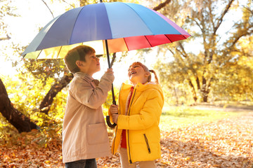 Cute little children with colorful umbrella in autumn park