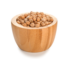 Bowl with chickpeas on white background