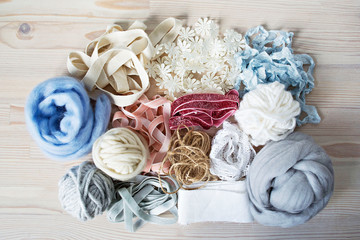Weaving supplies: wool, yarns, ribbons, jute