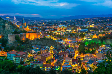 Panoramic view of Tbilisi, Georgia after sunset