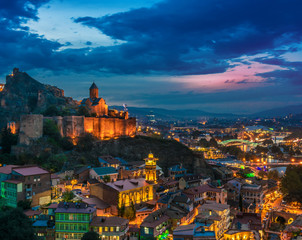 Naklejka premium Panoramic view of Tbilisi, Georgia after sunset