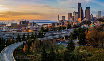 Fototapeta na wymiar Seattle downtown skyline sunset from Dr. Jose Rizal or 12th Avenue South Bridge