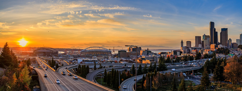 Seattle downtown skyline sunset from Dr. Jose Rizal or 12th Avenue South Bridge