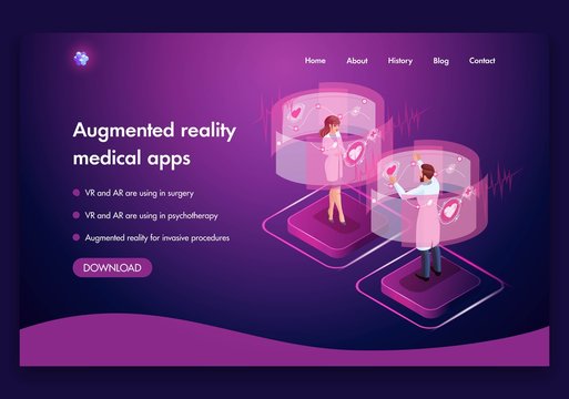 Website template design. Isometric medical concept of the work of doctors Augmented reality concept. VR and AR are used in surgery. Easy to edit and customize