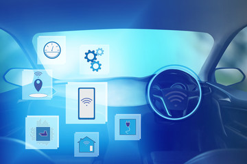 Internal view, Display screen and automatic self driving.Electric smart car technology.