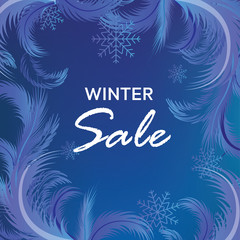 Winter sale vector banner with frosty pattern, sale text and snow flakes for retail seasonal promotion. Vector illustration.