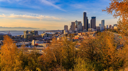 Panorama of Seattle downtown skyline sunset view in the fall from Dr. Jose Rizal Park - Powered by Adobe