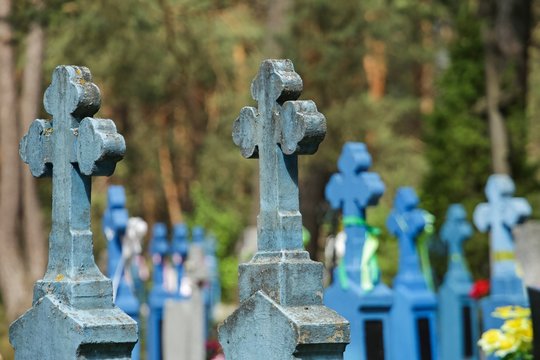 Tradycyjny podlaski cmentarz z niebieskimi krzyżami i sosnowym lasem w tle