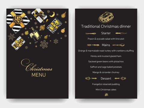 Invitation card for a Christmas party. Design template with xmas hand-drawn graphic illustrations. Menu card restaurant New Year and Christmas holidays.