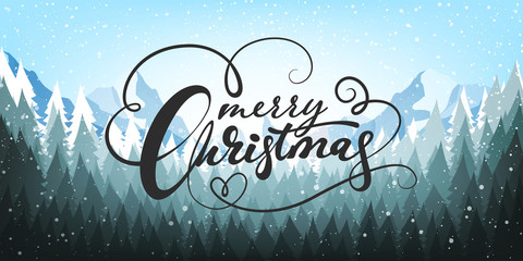 Christmas poster on blue background with snow and tree. Happy New Year message. Vector illustration.