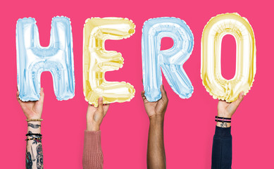 Hands showing hero balloons word
