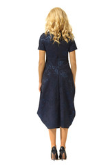 young caucasian business woman executive posing in formal midi black dress with laces high heels stiletto shoes full body length isolated on white