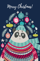 Cute polar bear in a hat and a scarf. Christmas cards templates in the style of flat doodles, vector illustration
