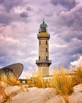 Lighthouse at the Teepott between the dunes in Warnem&uuml;nde.