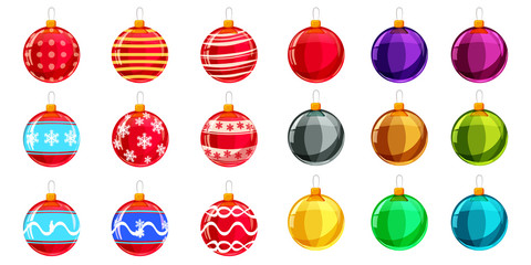 Set christmas balls different colours. Set of isolated cartoon style decorations. Vector illustration.