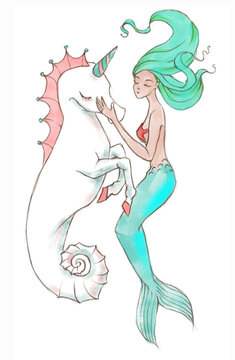 Hand-drawn beautiful mermaid character and seahorse unicorn illustration. Sea template for poster, card, invitation.