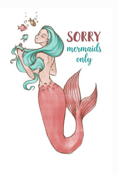 Hand-drawn beautiful mermaid character illustration. Sea template for poster, card, invitation. Sorry mermaids only