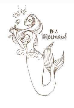 Hand-drawn beautiful mermaid character illustration. Sea template for poster, card, invitation. Be a mermaid