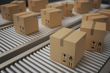 Conveyor with many cardboard boxes. Package delivery concept. 3D