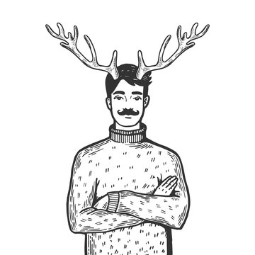 Husband with deer horns on his head engraving vector illustration. Scratch board style imitation. Black and white hand drawn image.