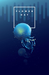 Flower hat jellyfish swimming under the ocean surface in glowing blue and turquoise colors