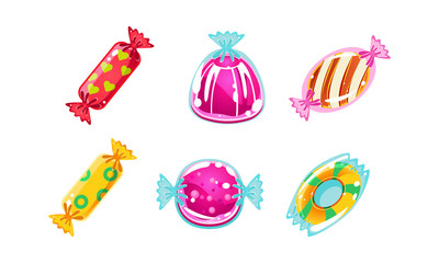 Colorful glossy candies set, sweets of different shapes, user interface assets for mobile apps or video games vector Illustration on a white background