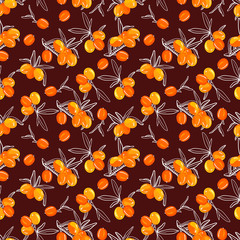 Obraz premium Sea buckthorn branch seamless pattern. Hand drawn berry illustration color and sketch. Sketch style. Elements for menu, greeting cards, wrapping paper, cosmetics packaging, posters etc