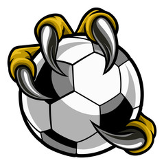 Eagle, bird or monster claw or talons holding a soccer football ball. Sports graphic.