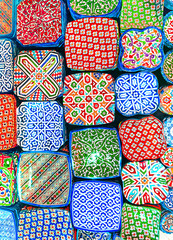 Traditional arabic handcrafted, colorful decorated plates shot at the market in Marrakesh, Morocco, Africa.