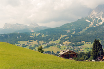 panoramic view of the dolomite mountains. Mountain village Cortina di Ampezzo.