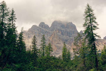 panoramic view of the dolomite mountains. Mountain village Cortina di Ampezzo.