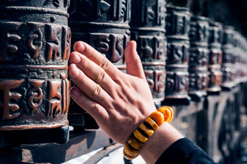 Closed up the prayer wheel at temple in Kathmandu