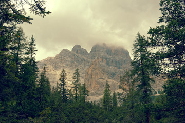 panoramic view of the dolomite mountains. Mountain village Cortina di Ampezzo.