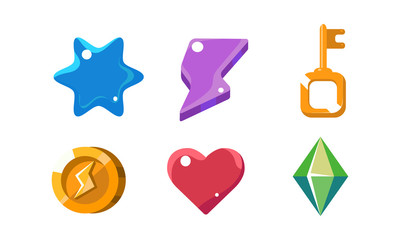 Colorful bright jelly shapes set, crystal, key, lightning, coin, star, heart, user interface assets for mobile apps or video games vector Illustration on a white background