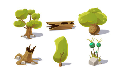 Green trees, stumps, fantastic plant, user interface assets for mobile apps or video games vector Illustration on a white background