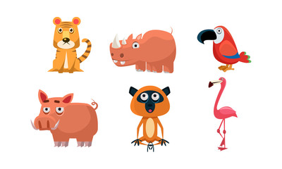 Cute wild African animals set, tiger, rhino, parrot, boar, flamingo, lemur vector Illustration on a white background