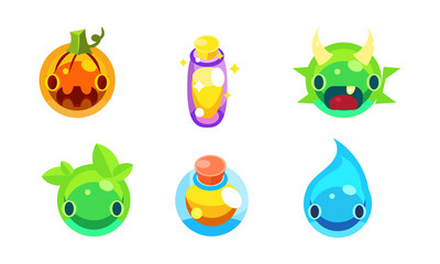 Collection of kids game user interface fantasy colorful jelly elements vector Illustration on a white background