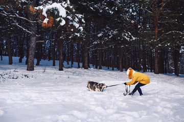 Beautiful young girl funny playing with her dog in winter in park
