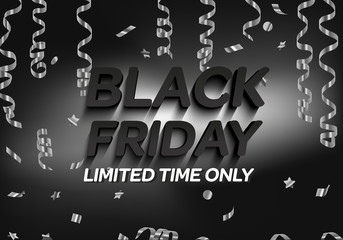 Black friday big sale, shopping vector banner. Black and white balloon and silver streamer, sparkles, tinsel.