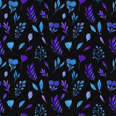 Seamless watercolor pattern of flowers and branches.Twigs, flowers and blueberries on black background.