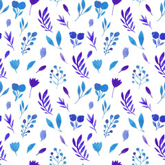 Seamless watercolor pattern of flowers and branches.Twigs, flowers and blueberries on white background.