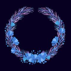 A wreath on a blue background. A wreath in pastel colors. A wreath of blue, rox and violet flowers and twigs.