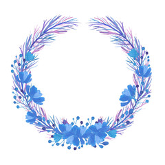Fototapeta na wymiar A wreath on a white background. A wreath in pastel colors. A wreath of blue, rox and violet flowers and twigs.
