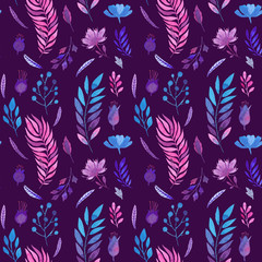 Seamless watercolor pattern of flowers and branches.Floral pattern on a purple background.