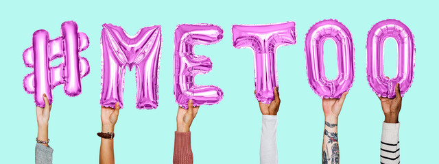 Hands holding #metoo word in balloon letters