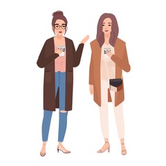 Pair of two young pretty smiling women standing together, drinking coffee and talking. Friendly meeting of two girlfriends. Cute female characters. Colorful vector illustration in flat cartoon style.