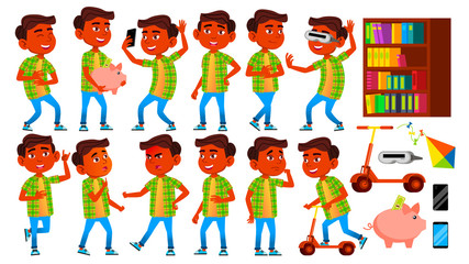 Boy Schoolboy Kid Poses Set Vector. Indian, Hindu. Asian. Primary School Child. Children. Smile. Workspace, Chalkboard. For Advertisement, Greeting, Announcement Design. Isolated Cartoon Illustration