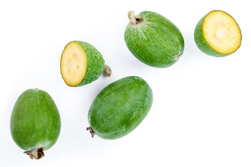 Tropical fruit feijoa Acca sellowiana isolated on white background with copy space for your text. Top view. Flat lay pattern