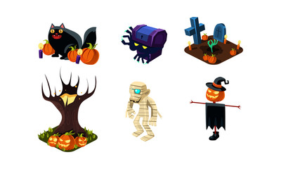 Halloween related objects and creatures set, user interface assets for mobile apps or video games vector Illustration on a white background