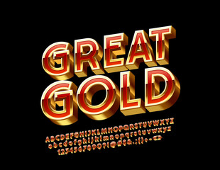 Vector Red and Gold Great Font. Luxury Glossy 3D Alphabet Letters, Numbers and Symbols